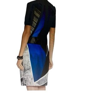 HELMUT LANG | NWT ‘Fracture’ Print Crepe & Leather Dress Blue Multi Size 6 NWT